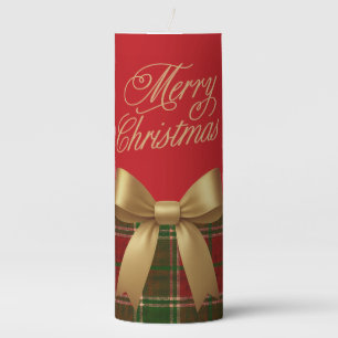 Elegant Christmas Plaid Pillar Candle with Gold Bo