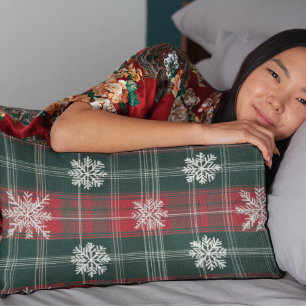 Elegant Christmas Plaid Red and Green Snowflakes Lumbar Pillow