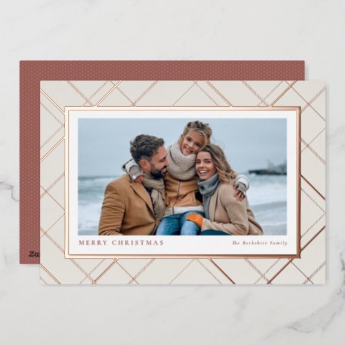Elegant Christmas plaid rose gold one photo family Foil Holiday Card