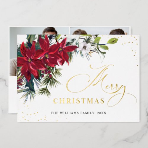 Elegant Christmas Poinsettia 2 Photo Gold Foil Holiday Card