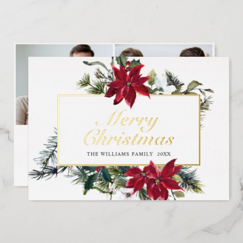 Elegant Christmas Poinsettia 2 Photo Gold Foil Holiday Card