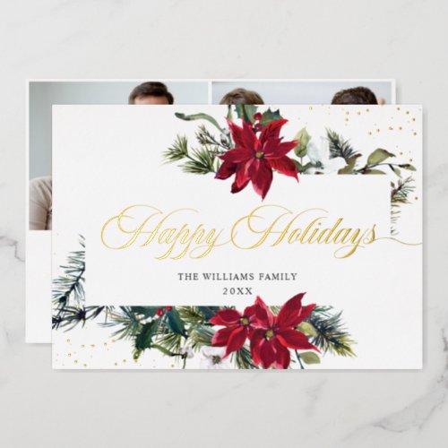 Elegant Christmas Poinsettia 2 Photo Gold Foil Holiday Card