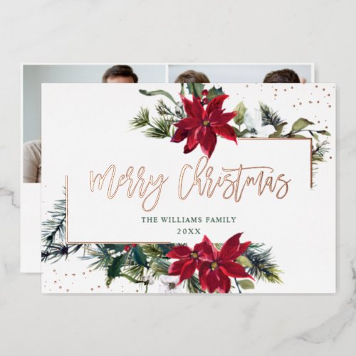 Elegant Christmas Poinsettia 2 Photo Rose Gold Foil Holiday Card