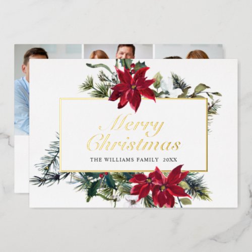 Elegant Christmas Poinsettia 3 Photo Gold Foil Holiday Card