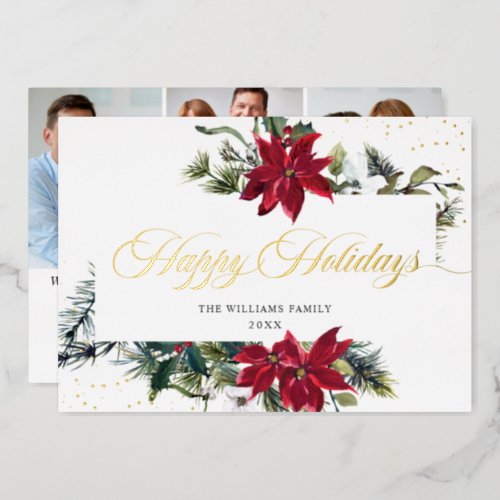 Elegant Christmas Poinsettia 3 Photo Gold Foil Holiday Card