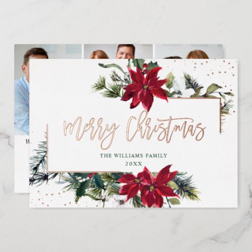 Elegant Christmas Poinsettia 3 Photo Rose Gold Foil Holiday Card