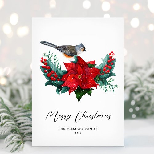Elegant Christmas Poinsettia Bird Non_Photo Holiday Card