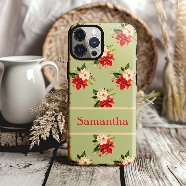 Elegant Christmas Poinsettia Botanical Floral Case-Mate iPhone Case (pretty mint green and classic christmas poinsettia phone case with name)