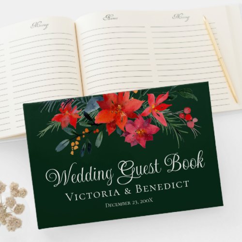 Elegant Christmas Poinsettia Floral Green Wedding Guest Book