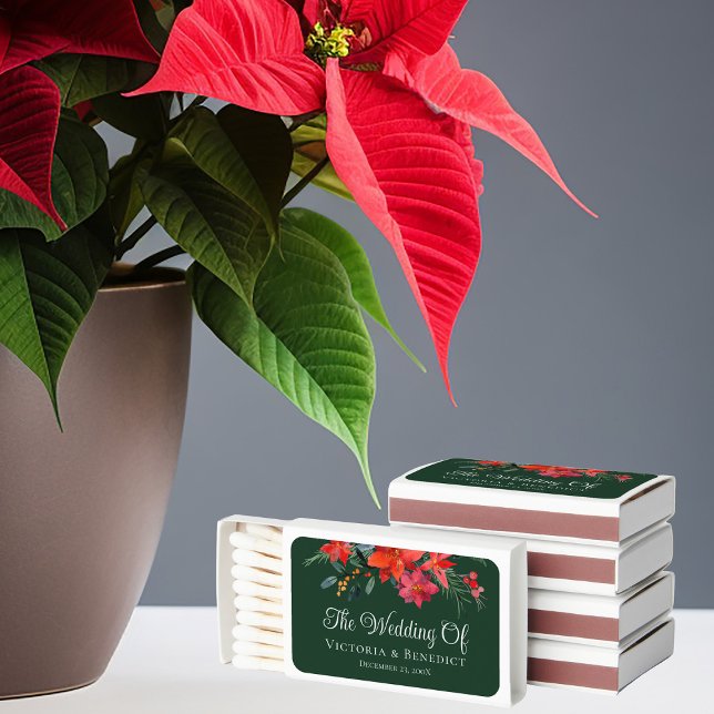Elegant Christmas Poinsettia Floral Green Wedding Matchboxes (Creator Uploaded)