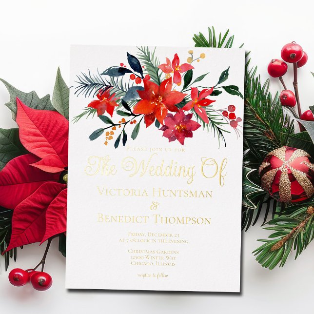Elegant Christmas Poinsettia Floral Wedding Gold Foil Invitation (Creator Uploaded)