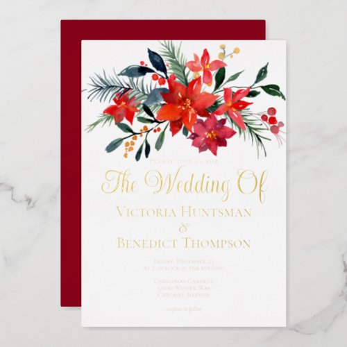 Elegant Christmas Poinsettia Floral Wedding Gold Foil Invitation