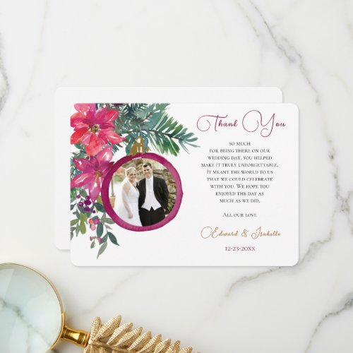 Elegant Christmas Poinsettia Floral Wedding Photo Thank You Card