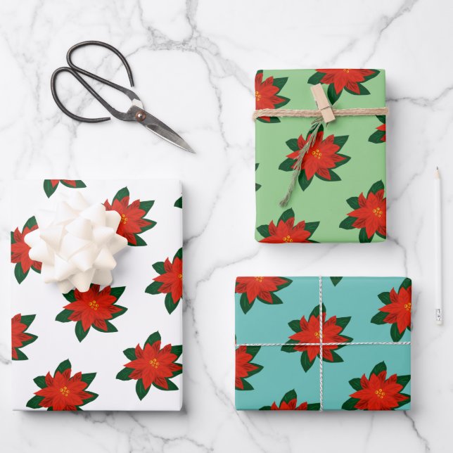 Elegant Christmas poinsettia flower floral pattern Wrapping Paper Sheets (Front)