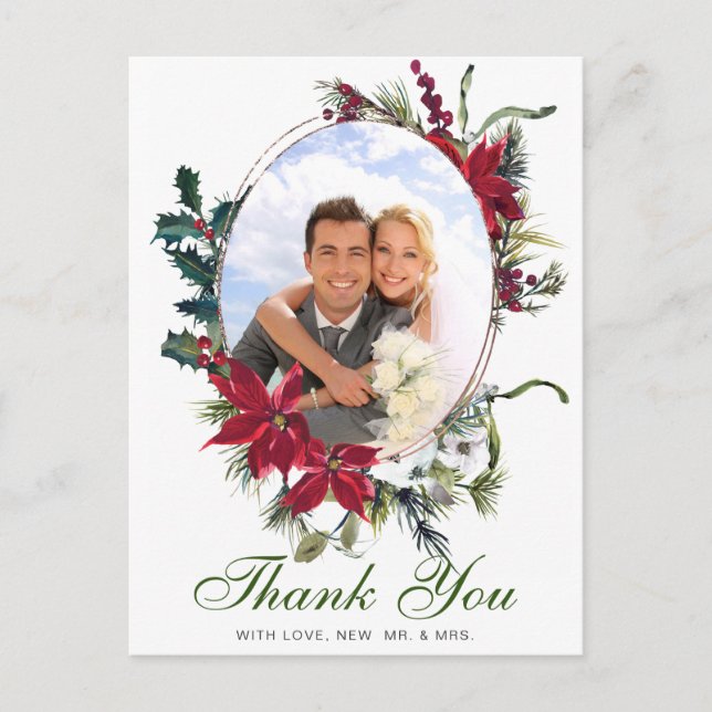 Elegant Christmas Poinsettia Frame Photo Thank You Postcard (Front)