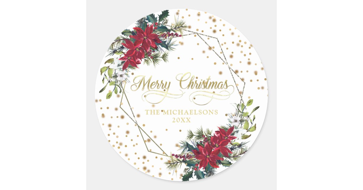 Elegant Christmas Poinsettia Gold Confetti Classic Round Sticker | Zazzle
