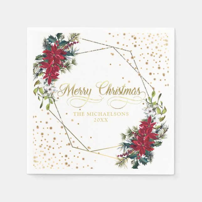Elegant Christmas Poinsettia Gold Confetti Napkins (Front)