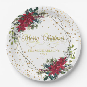 Elegant Christmas Poinsettia Gold Confetti Paper Plates