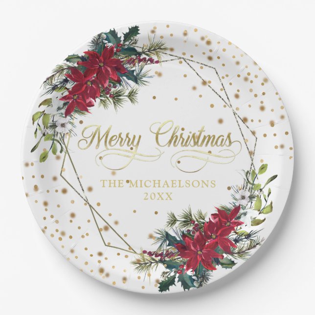 Elegant Christmas Poinsettia Gold Confetti Paper Plates (Front)