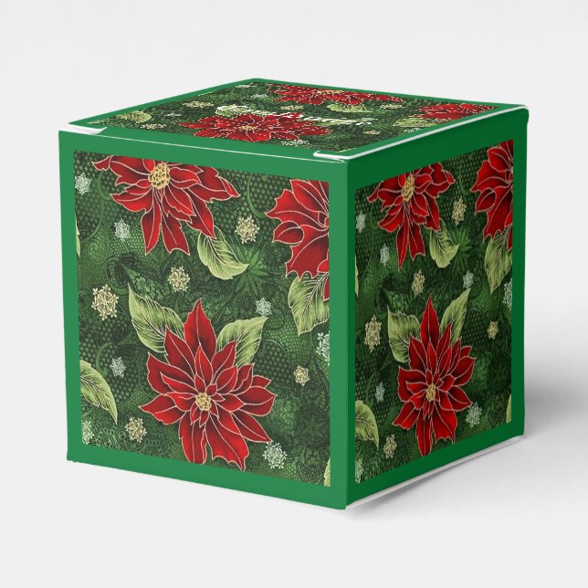 Elegant Christmas Poinsettia Green Cube Favor Box (Front Side)