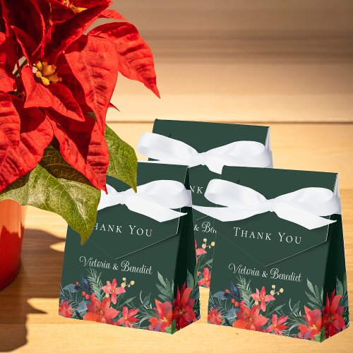 Elegant Christmas Poinsettia Green Floral Wedding Favor Boxes
