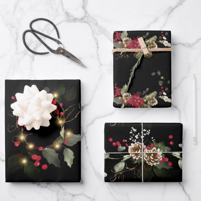 Elegant Christmas Poinsettia Holly Eucalyptus Pine Wrapping Paper Sheets (Front)