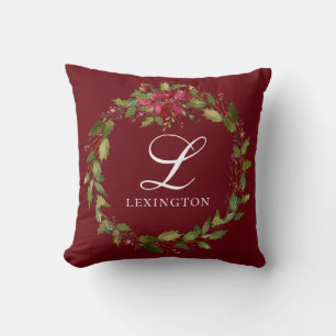 Elegant Christmas Poinsettia Holly Holiday Wreath Throw Pillow