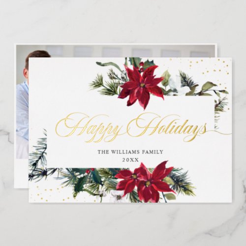 Elegant Christmas Poinsettia Photo Gold Foil Holiday Card