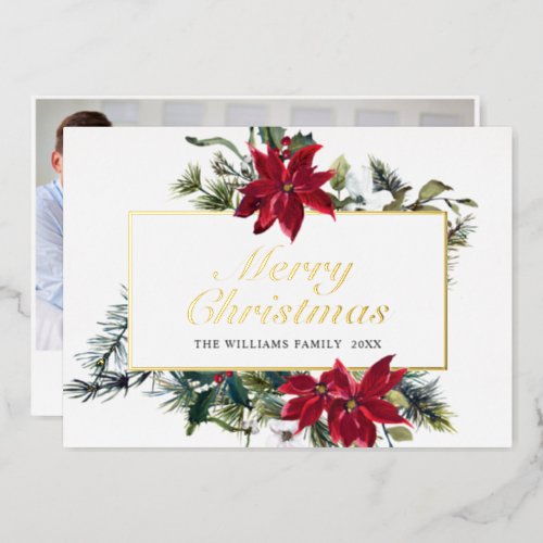 Elegant Christmas Poinsettia Photo Gold Foil Holiday Card