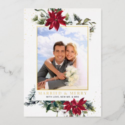 Elegant Christmas Poinsettia Photo Gold Foil Holiday Card
