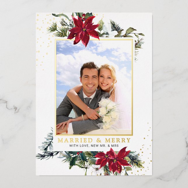 Elegant Christmas Poinsettia Photo Gold Foil Holiday Card (Front)