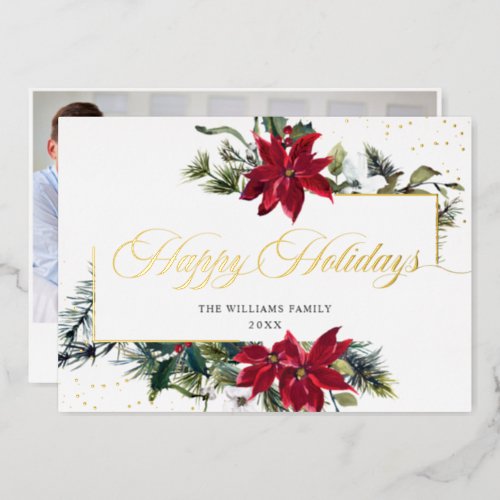 Elegant Christmas Poinsettia Photo Gold Foil Holiday Card