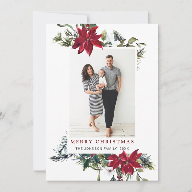 Elegant Christmas Poinsettia Photo Holiday Card (Front)