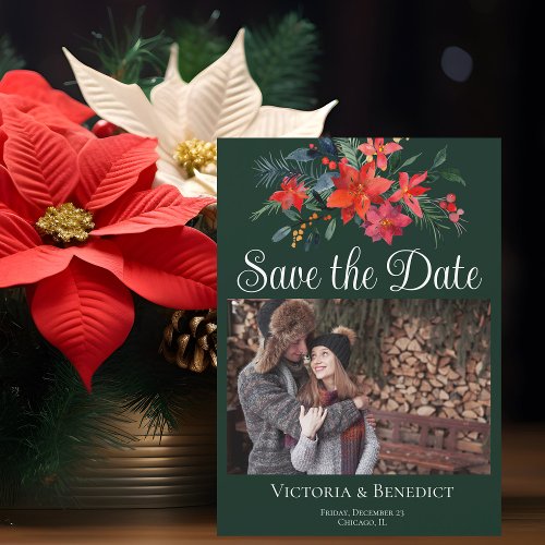 Elegant Christmas Poinsettia Photo Save the Date Magnetic Invitation