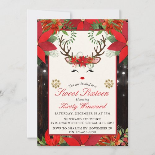 Elegant Christmas Poinsettia Reindeer Sweet 16 Invitation