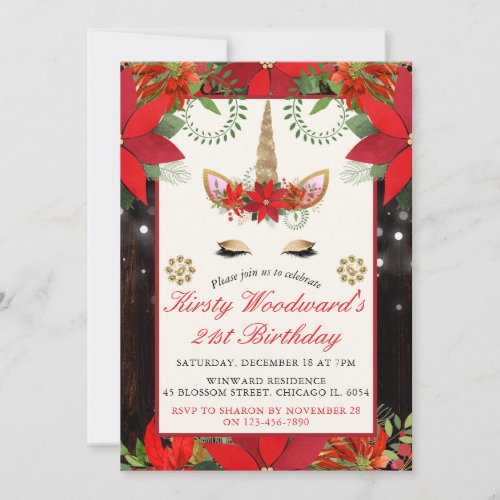 Elegant Christmas Poinsettia Unicorn Birthday Part Invitation