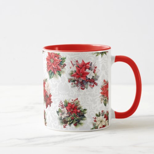 Elegant Christmas Poinsettias and Damask Mug