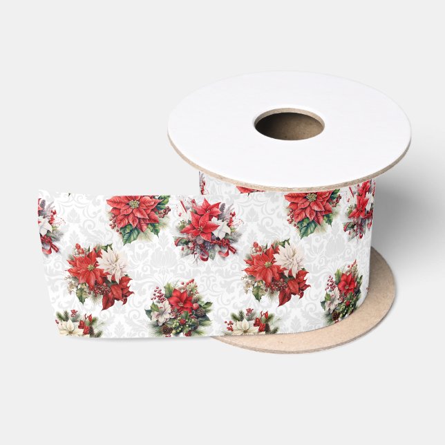 Elegant Christmas Poinsettias and Damask Satin Ribbon (Spool)