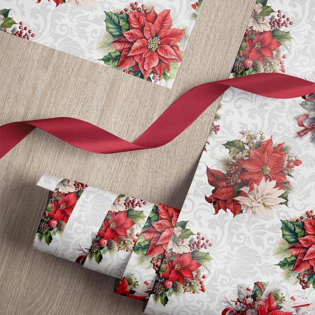 Elegant Christmas Poinsettias and Damask Wrapping Paper (Creator Uploaded)