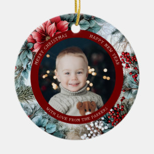 Elegant Christmas Poinsettias and Holly Photo Ceramic Ornament