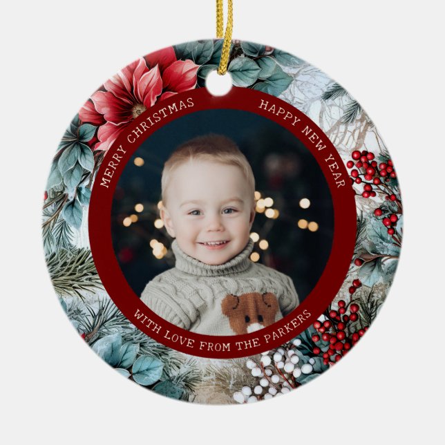 Elegant Christmas Poinsettias and Holly Photo Ceramic Ornament (Front)