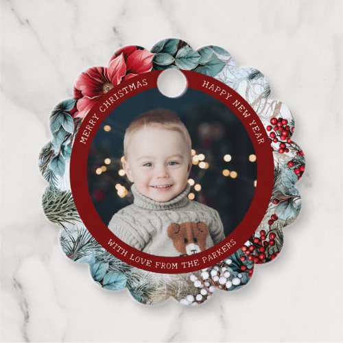 Elegant Christmas Poinsettias and Holly Photo Favor Tags