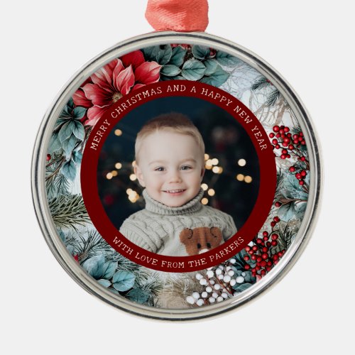 Elegant Christmas Poinsettias and Holly Photo Metal Ornament