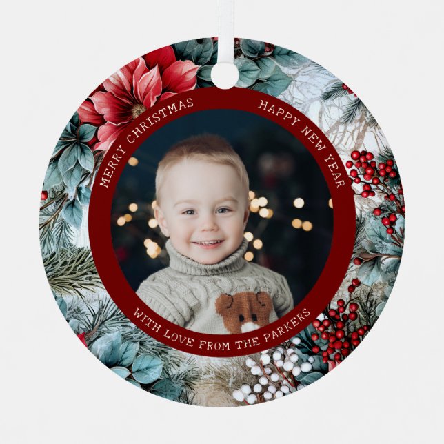 Elegant Christmas Poinsettias and Holly Photo Metal Ornament (Front)