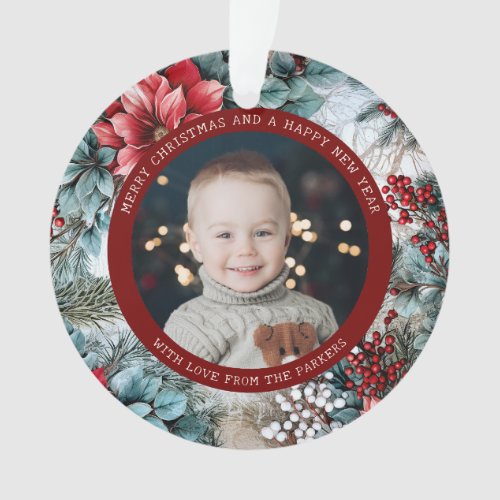 Elegant Christmas Poinsettias and Holly Photo Ornament