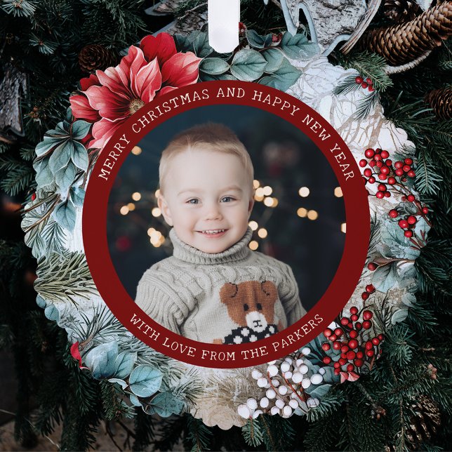 Elegant Christmas Poinsettias and Holly Photo Ornament Card (Creator Uploaded)