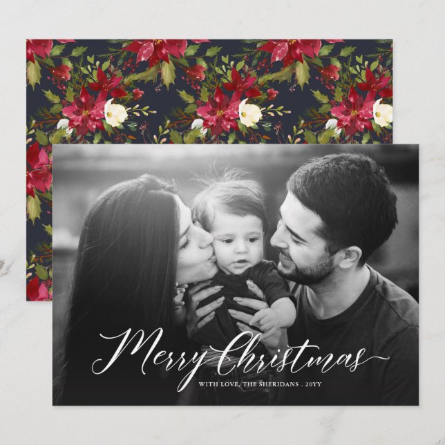 Elegant Christmas Poinsettias Full Photo White Holiday Card (Front/Back)