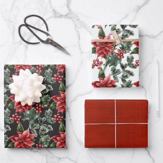 Elegant Christmas Poinsettias Variety Wrapping Paper Sheets (Front)