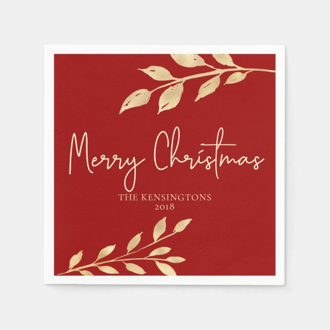 Elegant Christmas Red and Gold Leaves Napkins (Front)