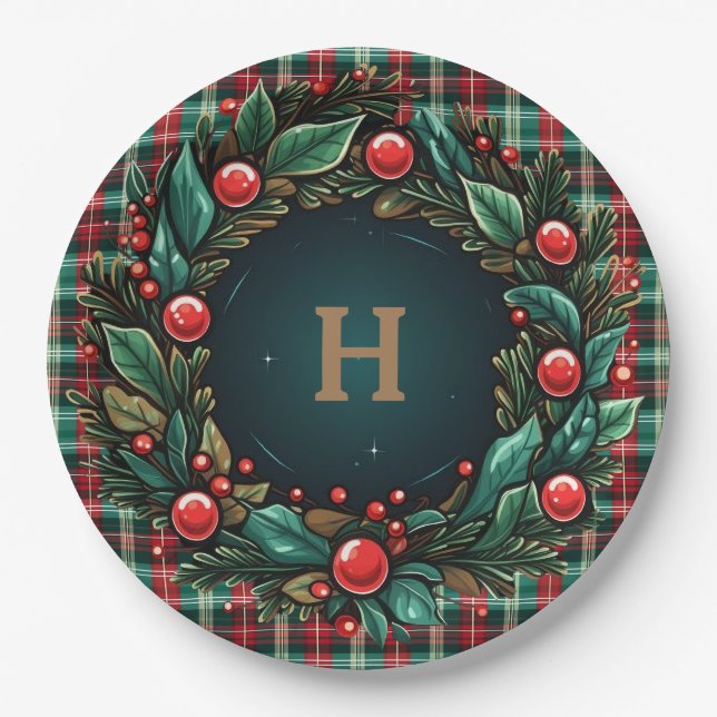 Elegant Christmas Red and Green Plaid  Paper Plates (Front)